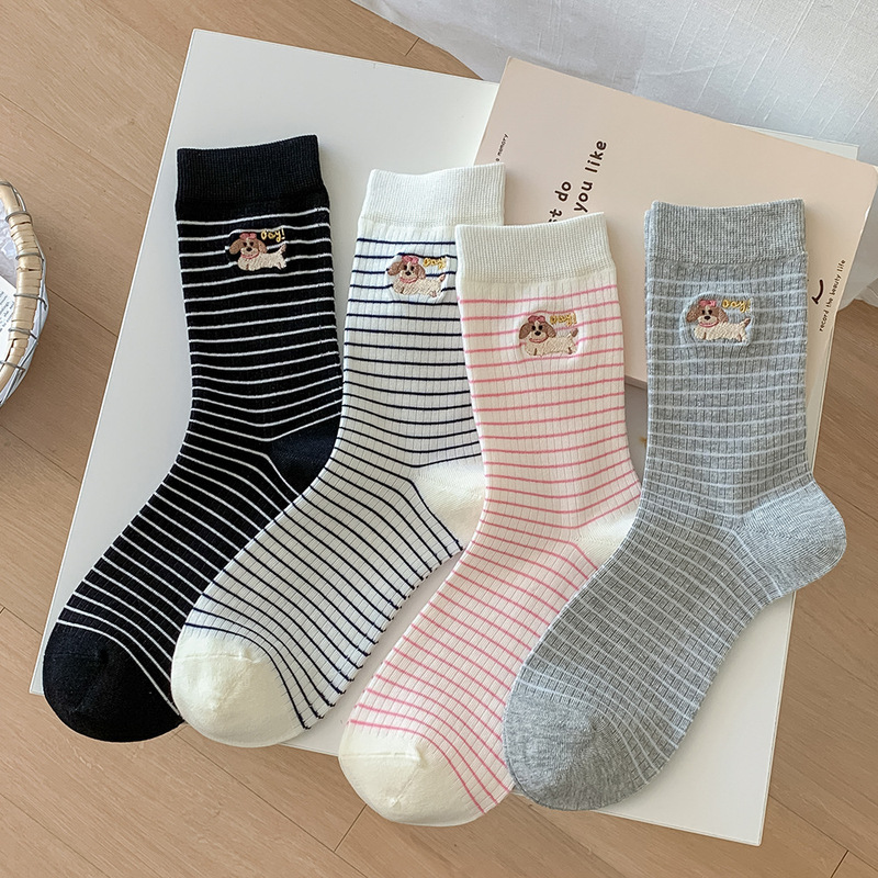 Spring and Summer Socks Women's Cute Cartoon Dachshund Japanese Style Instagram Style Fashionable Korean Style All-match Striped Stacked Socks Cotton