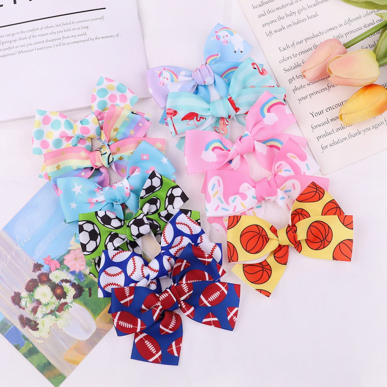 European and American childrens jewelry cartoon printing bow hairpin solid color hair clippicture3