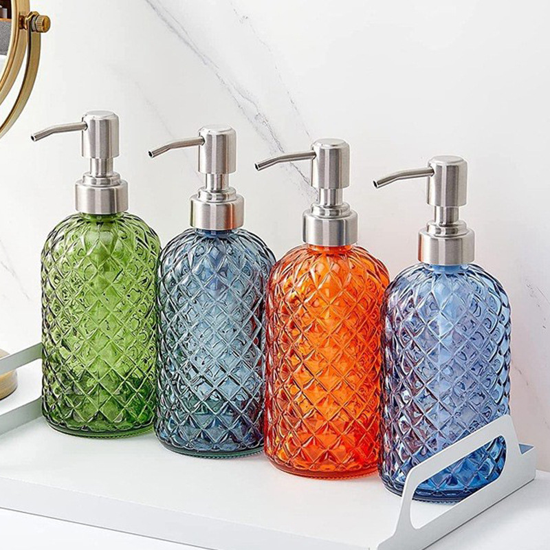 菱形玻璃洗手液瓶皂液分装瓶洗发露沐浴露瓶不锈钢泵头现货批发