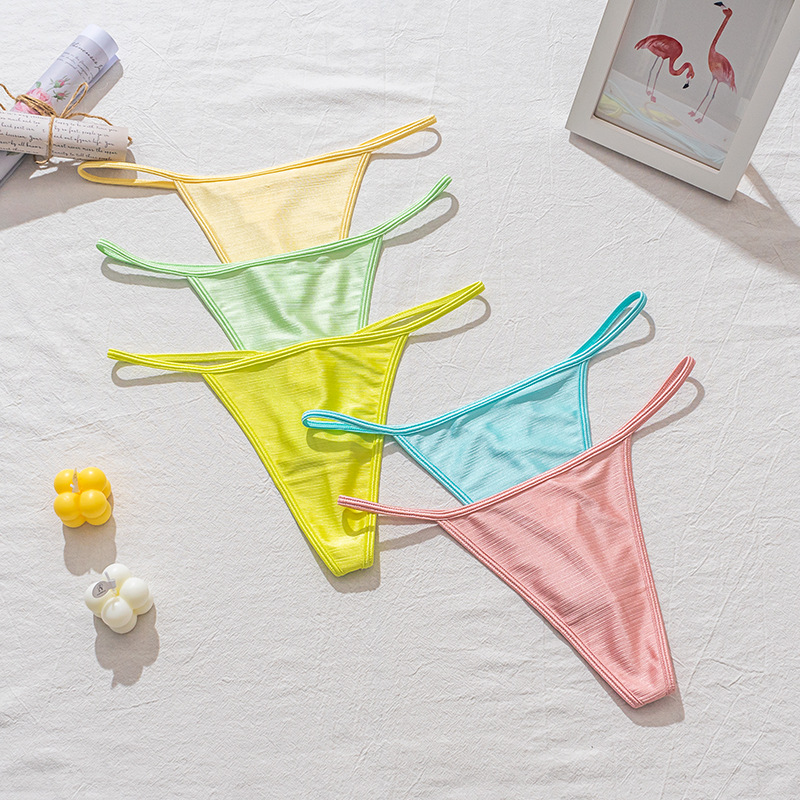 Nueva alta calidad nacarado tela ropa interior de las mujeres pequeño fresco dulce del color caramelo chica puro deseo sexy Tanga