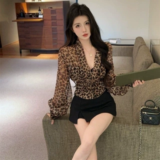 官图实价 微透网纱衬衫美式辣妹豹纹长袖T恤女早秋薄款修身显瘦款