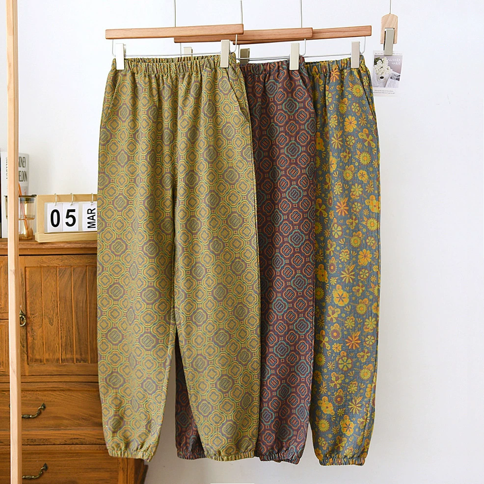 Весенне-осенние женские хлопковые домашние брюки в стиле ретро с тонкой эластичной талией, летние Пижамные брюки с вырезом, повседневная верхняя одежда, свободные