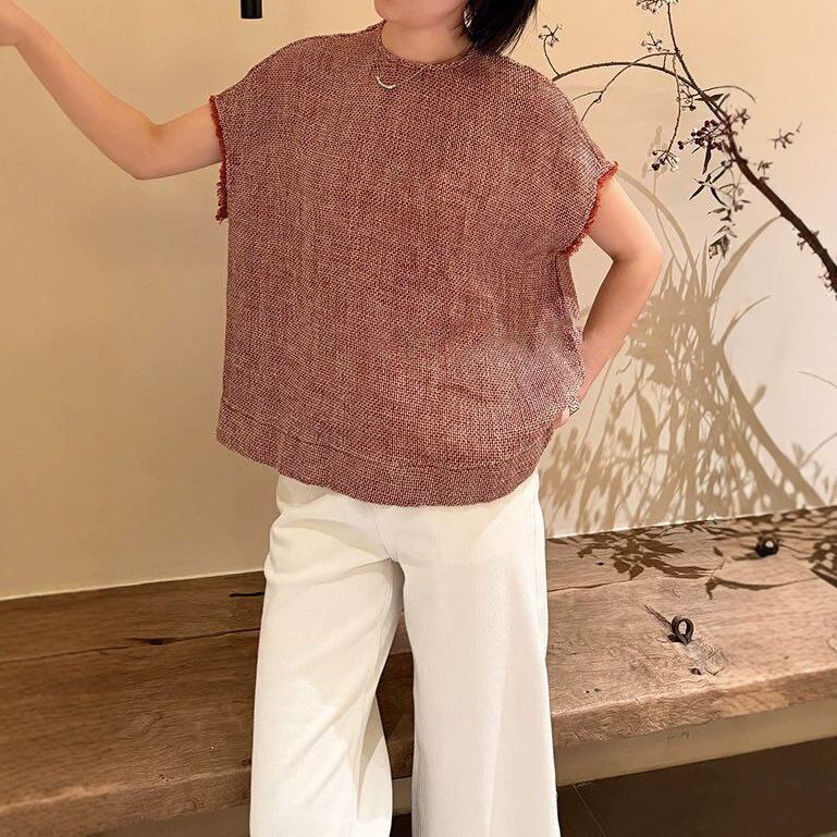 Chanel-Style Cotton and Linen Shirt 2026 Summer New Model with Three-Dimensional Texture Short-Sleeve T-Shirt Round Neck Loose Top D0521 Chanel-Style Cotton and Linen Shirt 2026 Summer New Model with Three-Dimensional Texture Short-Sleeve T-Shirt Round Neck Loose Top D0521