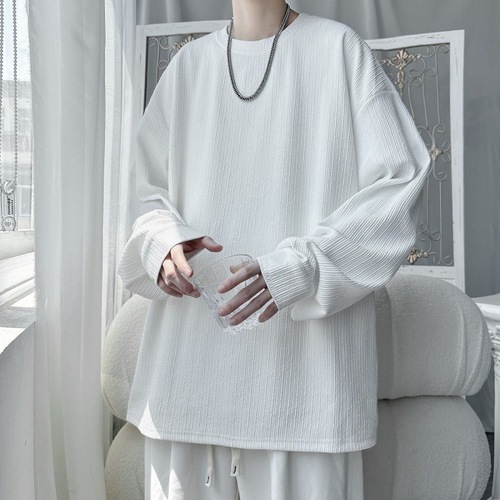 Spring and Summer Minimalist Salt-and-Sea Style Men's Unisex Breathable Solid Color Oversized Instagram Casual Long-Sleeve T-Shirt Top