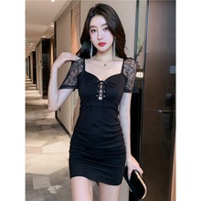 性感短裙店技师夜显瘦低胸包臀足疗工作服蕾丝总店气质spa连衣裙