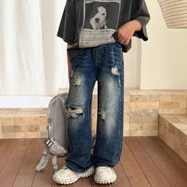 童装牛仔工厂四季款儿童宽松阔腿怀旧牛仔裤学生破洞工艺牛仔长裤