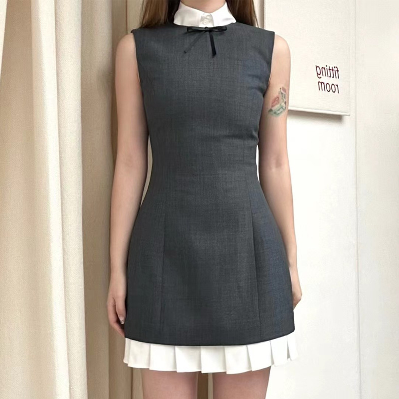 [in Stock] Elegant Bowknot Waist-Slimming Dress Round Neck Sleeveless Tank Dress 2351804