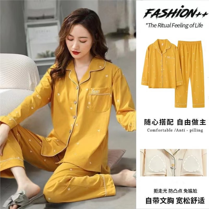 Pijamas de algodón con almohadillas para el pecho para mujer, pantalones de manga larga para primavera y otoño, trajes finos de talla grande para primavera y otoño, ropa para el hogar