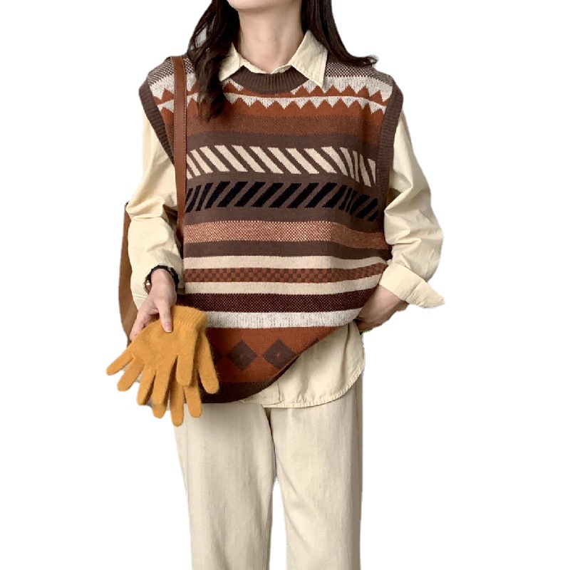 Chaleco de punto con cuello redondo y diseño de rombos estilo universitario para mujer, suéter con bloques de color, diseño de bloques de color estilo europeo y americano. image 5