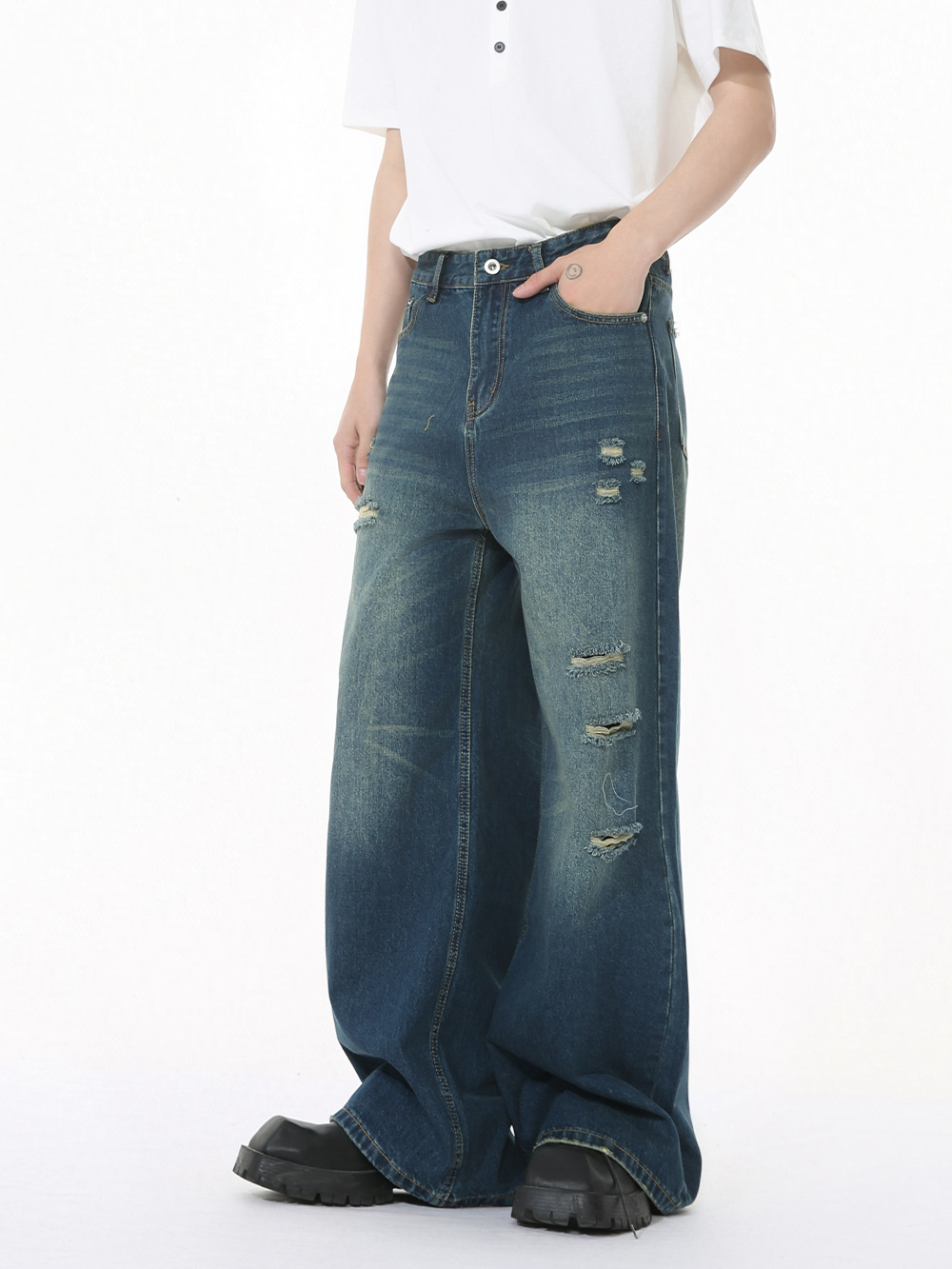 MTLCLOTHES Hombres| Nuevo estilo coreano High Street Cleanfit blanco pulido hace viejos agujeros de piernas anchas jeans de moda