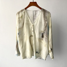 水墨青山抽象印花真丝衬衣~阔袖落肩V领宽松柔软丝滑上衣女夏