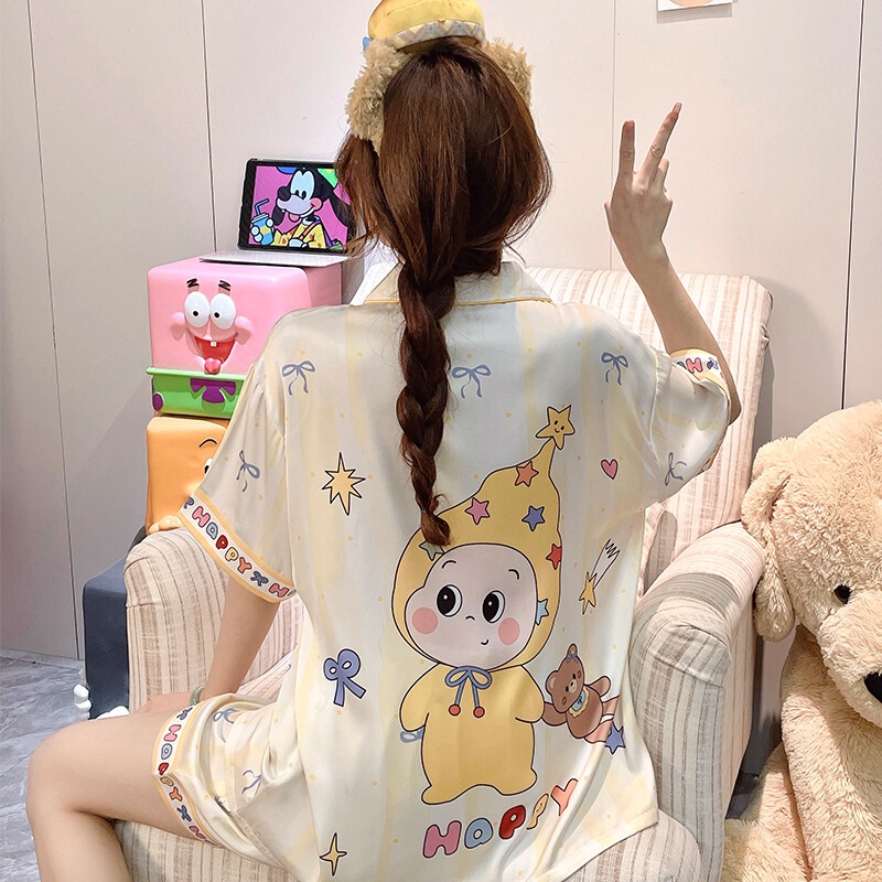 2026 New Cute Cartoon Starman Ice Silk Pajamas for Women, Summer New Short Sleeve Shorts Set Homewear 2026 New Cute Cartoon Starman Ice Silk Pajamas for Women, Summer New Short Sleeve Shorts Set Homewear
