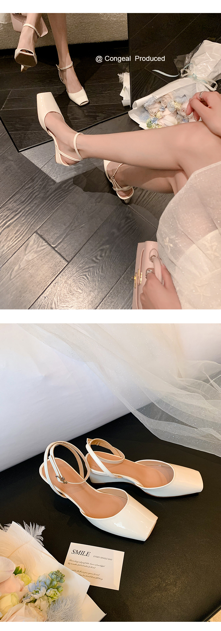 Sandal cao gót nữ mũi vuông quai mắt cá chân, gót xuồng 9 cm — đen, Màu trắng nhạt, bạc chi tiết 10