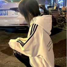 美式复古三条杠连帽卫衣女秋冬新款初中高中学生宽松oversize外套