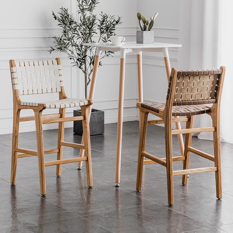 silla de bar de pies altos silla trenzada de cuerda de madera sólida silla de bar de cafeteria de alojamiento en casa silla de respaldo de cuero bar asiento de tarjeta