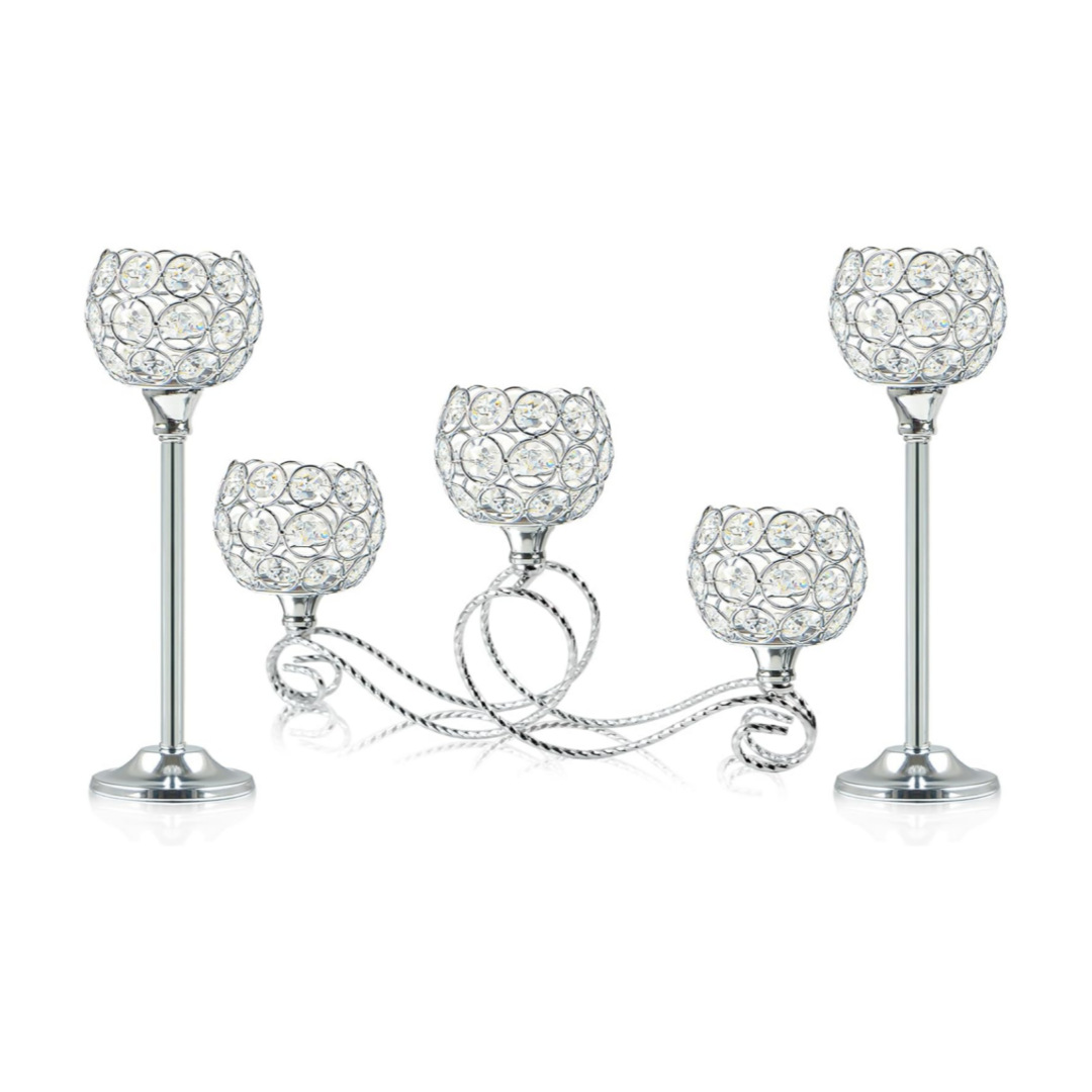 Enchapado de metal moderno nórdico 3 cabezas 5 brazos combinación candelabro de cristal elegante mesa de boda centro decoración candelabro