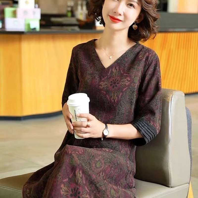 2025夏季时尚大牌香云纱真丝印花连衣裙女气质妈妈桑蚕丝中袖裙子|undefined