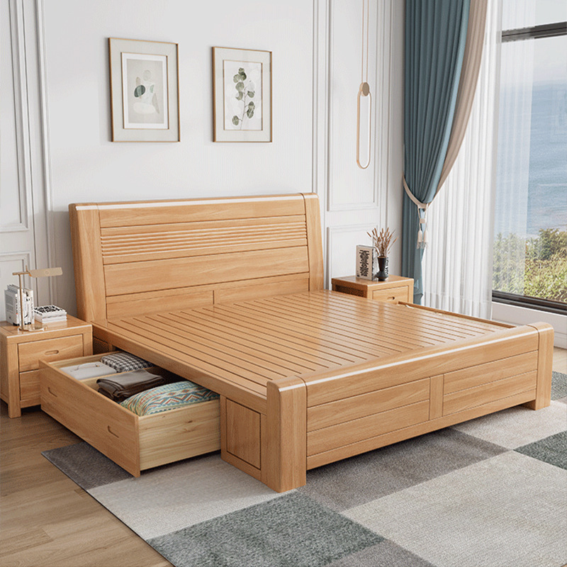 Cama de madera sólida de color nórdico de 1,8 m cama doble dormitorio principal de 1,5 m de tamaño de casa de almacenamiento de presión de aire cama de haya
