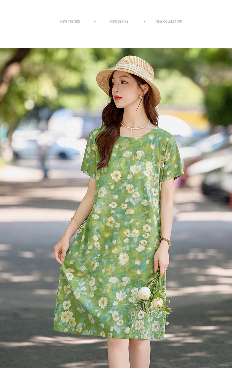 Đầm maxi nữ hoa nhỏ xanh lá cây tươi mát, dáng suông rộng, tay ngắn, mỏng nhẹ mùa hè 2025 — Màu hồng xanh lục, Màu xanh lá chi tiết 17