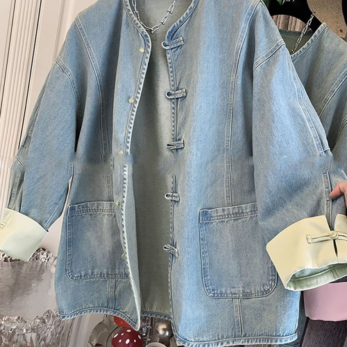 High sense and super good-looking retro new Chinese style buckle fake two-piece denim jacket top for women 2024 spring dropshipping