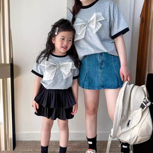 夏季新款童装上衣男童女童韩版拼色立体蝴蝶结亲子装儿童短袖