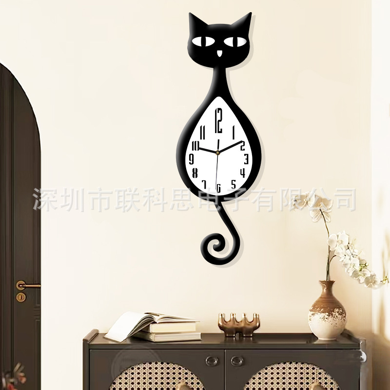 Manufacturer Wholesale Cross-Border Cat Tail Swing Clock Living Room Bedroom Children's Room Decoration Wall Clock Cartoon Wall Clock