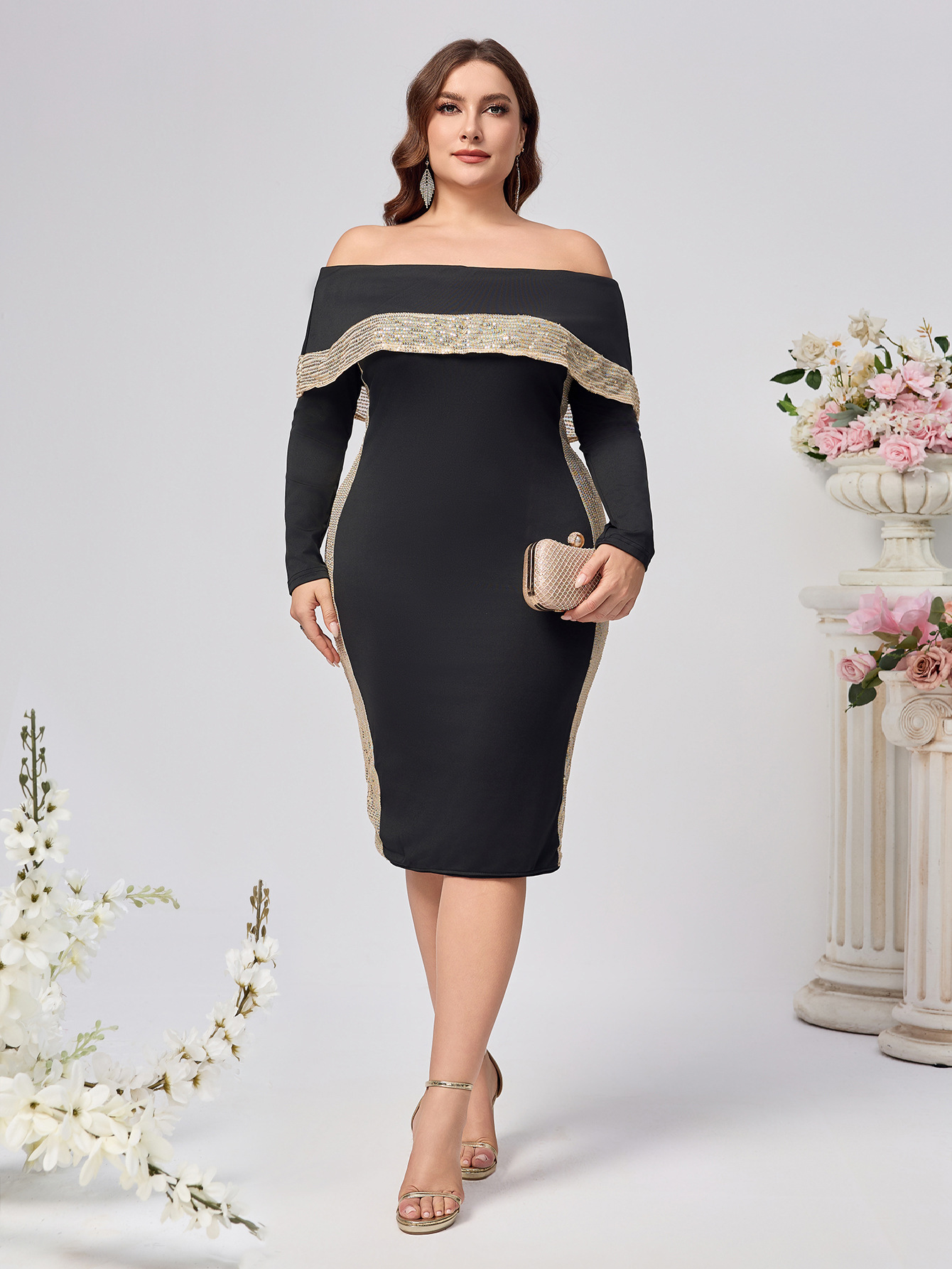 Ropa de mujer de talla grande nueva moda temperamento elegante sin tirantes lentejuelas de manga larga bolso delgado cadera elegante vestido de mujer