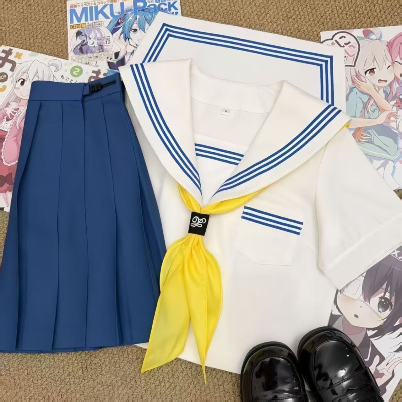 Directly from the Manufacturer: Blue Three-Piece Jk Uniform Set, Authentic Japanese School Style Basic Student Outfit, Original Long-Sleeve Design