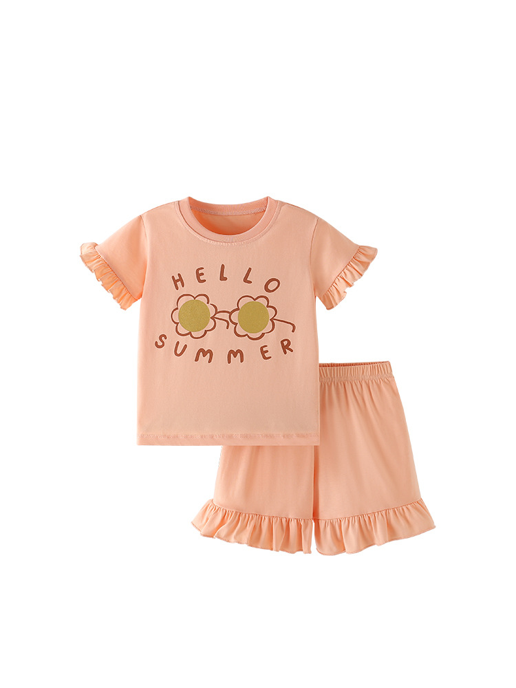Traje de niña malwee transfronterizo verano nuevo estilo europeo y americano, camiseta de cuello redondo para niños pequeños y medianos, traje de dos piezas de manga corta para niños