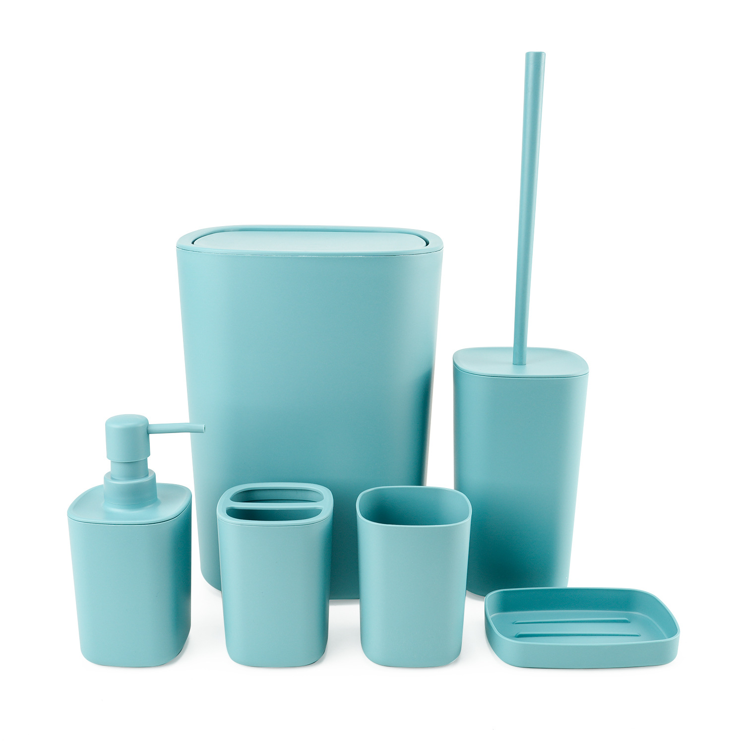 Suministros de baño de plástico cuadrado Juego de seis piezas de enjuague bucal, estante para cepillado, caja de jabón, almacenamiento de baño, juego de baño, cepillo de baño