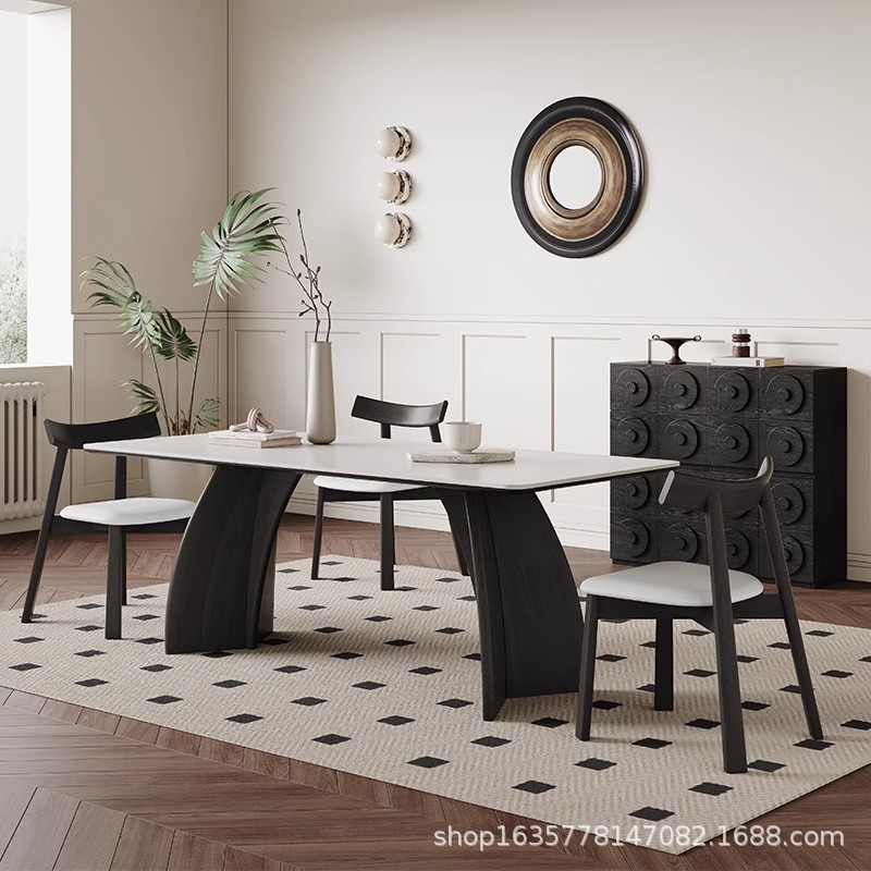 Mesa de comedor de tablero de roca blanca pura retro francesa Mesa de comedor para el hogar de madera blanca minimalista moderna Mesa de comedor rectangular de madera maciza negra