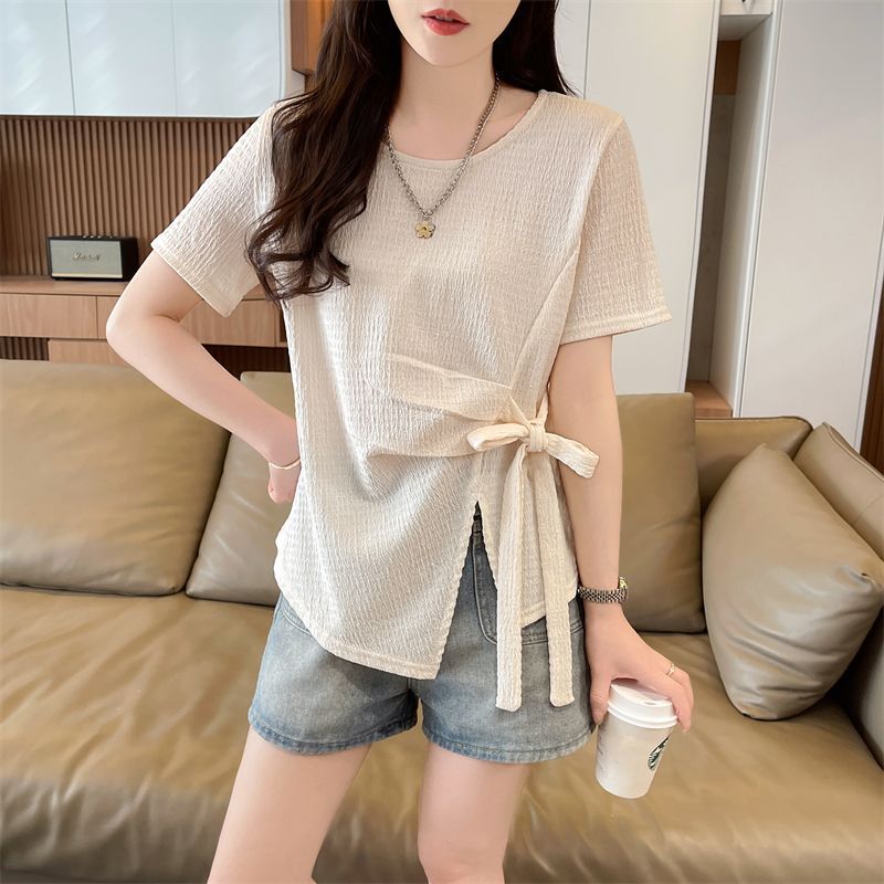 Korean Style Solid Color T-Shirt Summer New Irregular Bow Tie Short-Sleeve T-Shirt for Women, Summer Waist-Cinching Slimming Top for Women