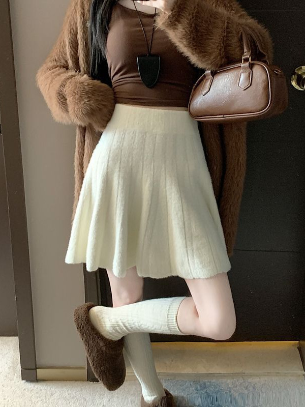 灰色针织半身裙女秋冬小个子高腰显瘦百褶裙遮挎气质百搭A字短裙|undefined