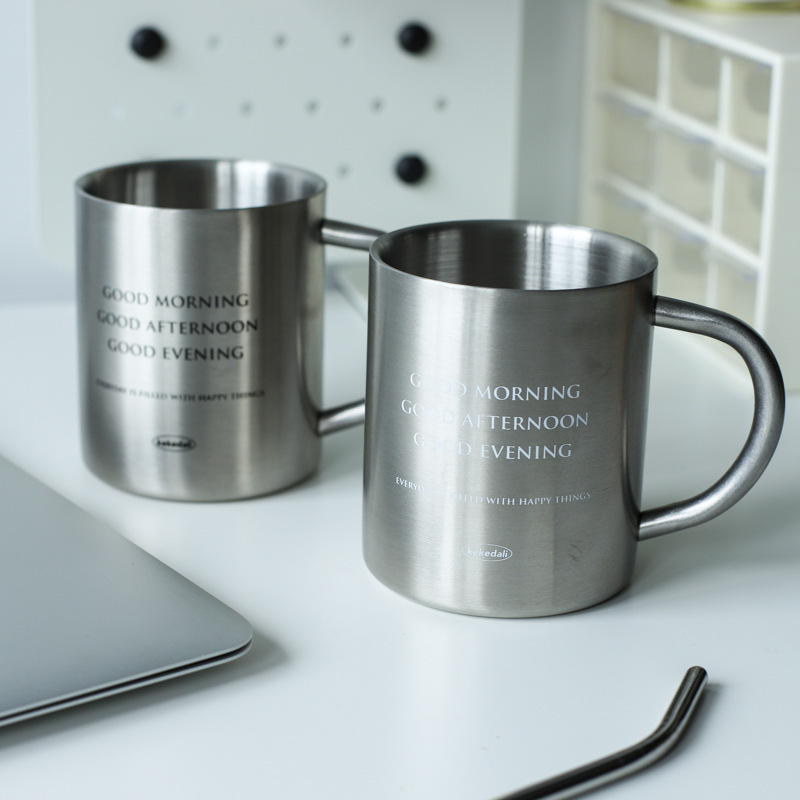 Korean 304 Stainless Steel Mug K-Style English Letter Coffee Cup Simple Camping Style Outdoor Cup Portable
