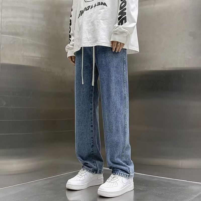 Pantalones de pierna ancha rectos delgados de verano, pantalones casuales sueltos de primavera y otoño para hombres, jeans de trapeador para hombres