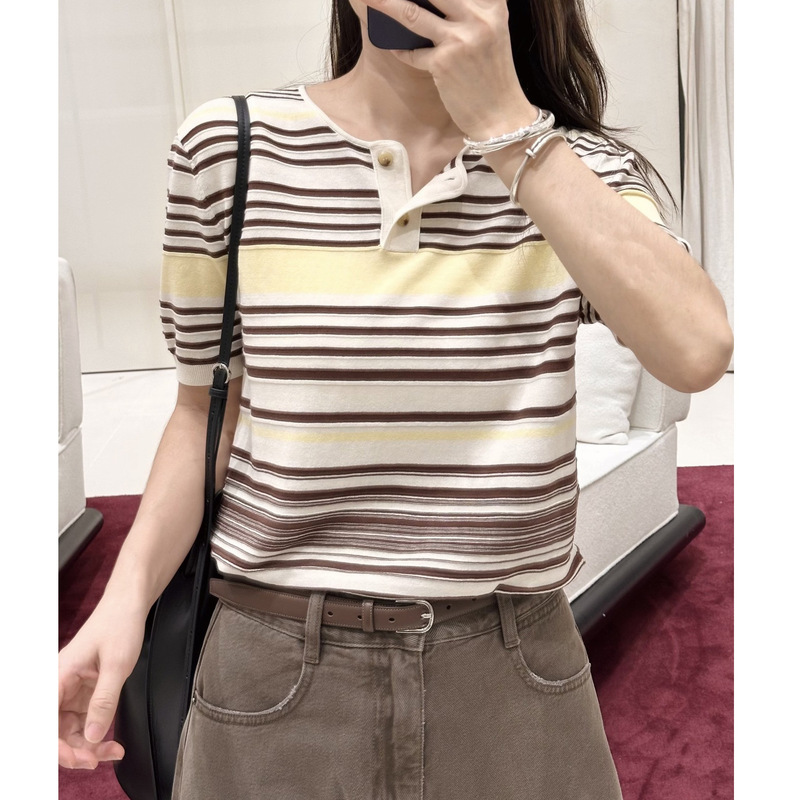 In-Stock Ed Style Henry Collar Knit Sweater for Women, 2026 Autumn New Model, Silk-Cotton Color-Block Striped American-Style Short-Sleeve Sweater In-Stock Ed Style Henry Collar Knit Sweater for Women, 2026 Autumn New Model, Silk-Cotton Color-Block Striped American-Style Short-Sleeve Sweater