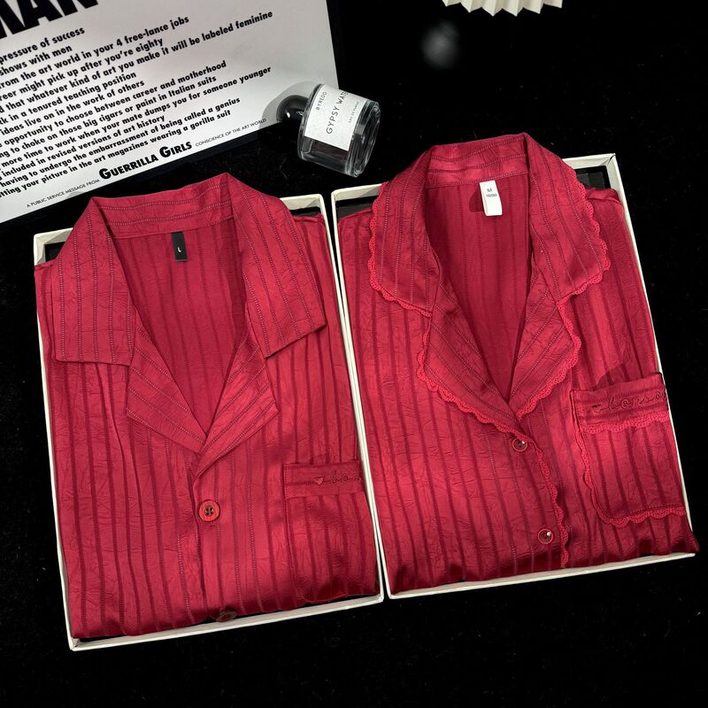 【Textured Couple Edition】Hollow-Out Striped Red Pajamas Wedding Red Lucky Year Couple Loungewear Valentine's Day 【Textured Couple Edition】Hollow-Out Striped Red Pajamas Wedding Red Lucky Year Couple Loungewear Valentine's Day