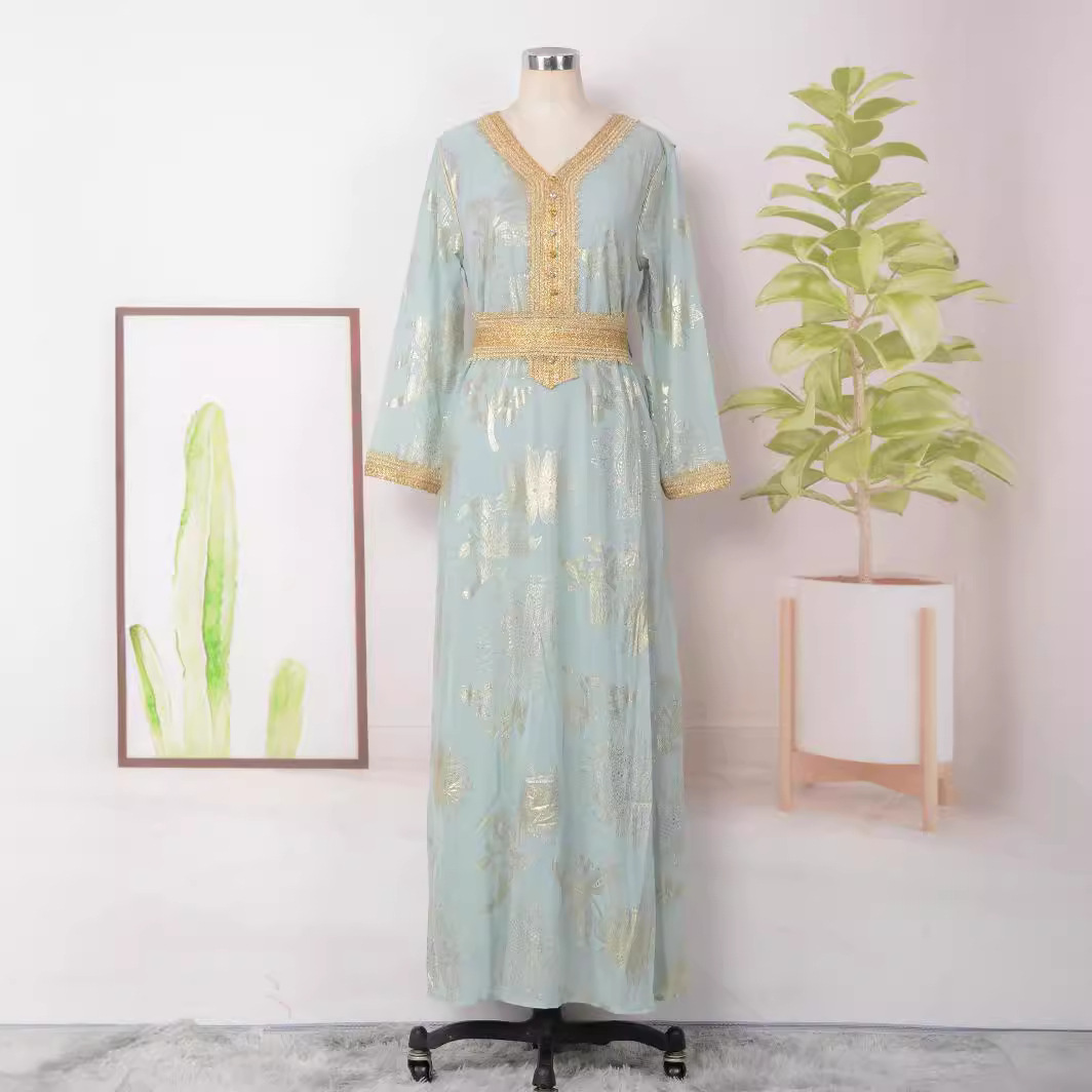 MT166 Cross-border Women's Fashion Long Sleeve V-neck Dress, Popular In Middle East, Arabia, Dubai, Muslim Robe_ecoleips.com