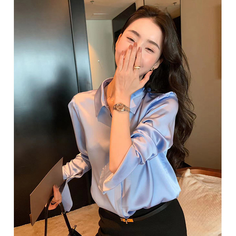 Hong Kong Style Draped Satin Classy Accessible Luxury Pure Color Shirt for Women 2025 Autum New Polo Long-Sleeved Elegant Top