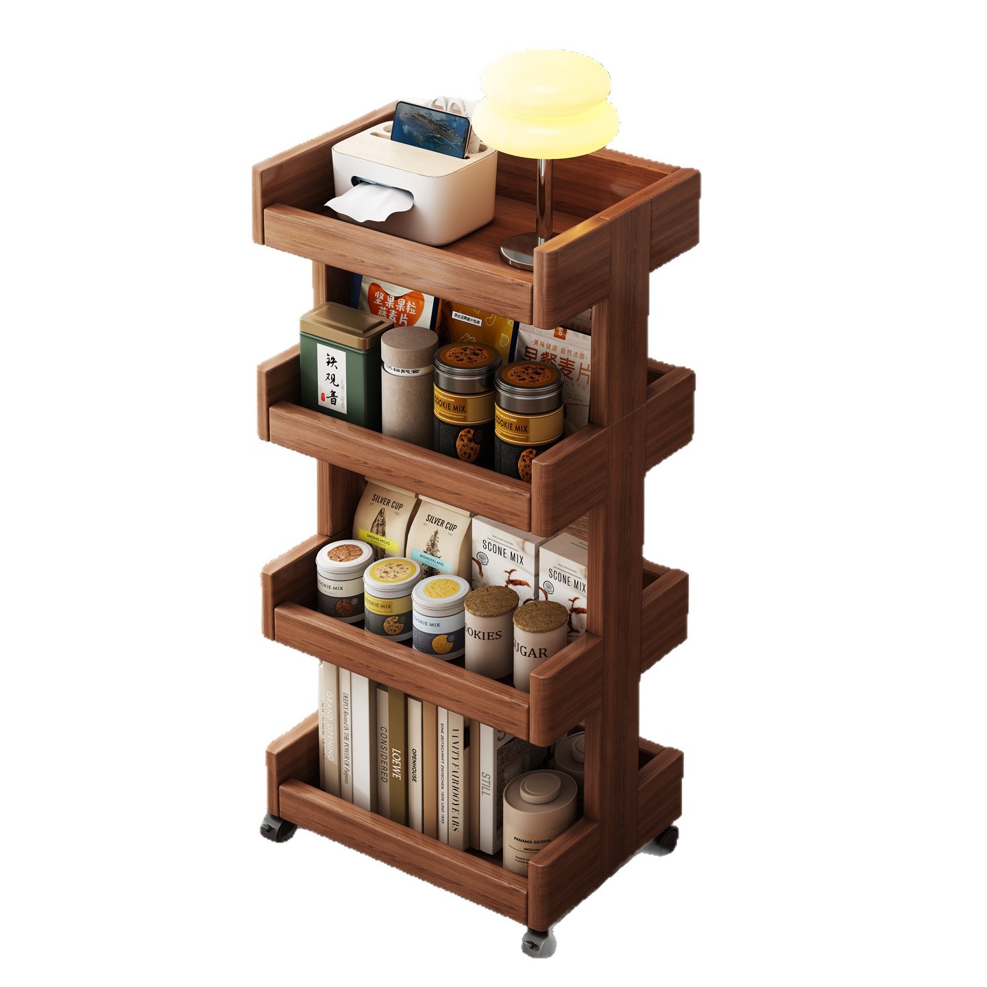 Estante de almacenamiento de madera sólida con estante de libro de ruedas móvil simple al lado del sofá de la sala de estar varios estantes de almacenamiento domésticos