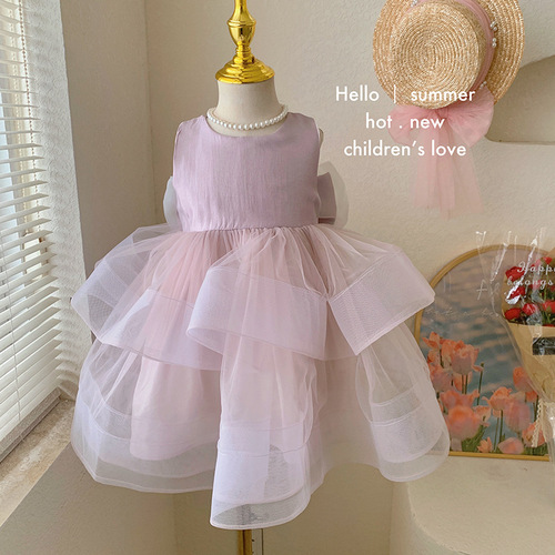 Korean style children's clothing girls dress summer style 2024 baby girl new splicing mesh suspender sweet dress