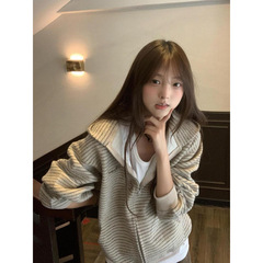 美式复古条纹连帽开衫卫衣外套女2025新款设计感宽松休闲软糯上衣