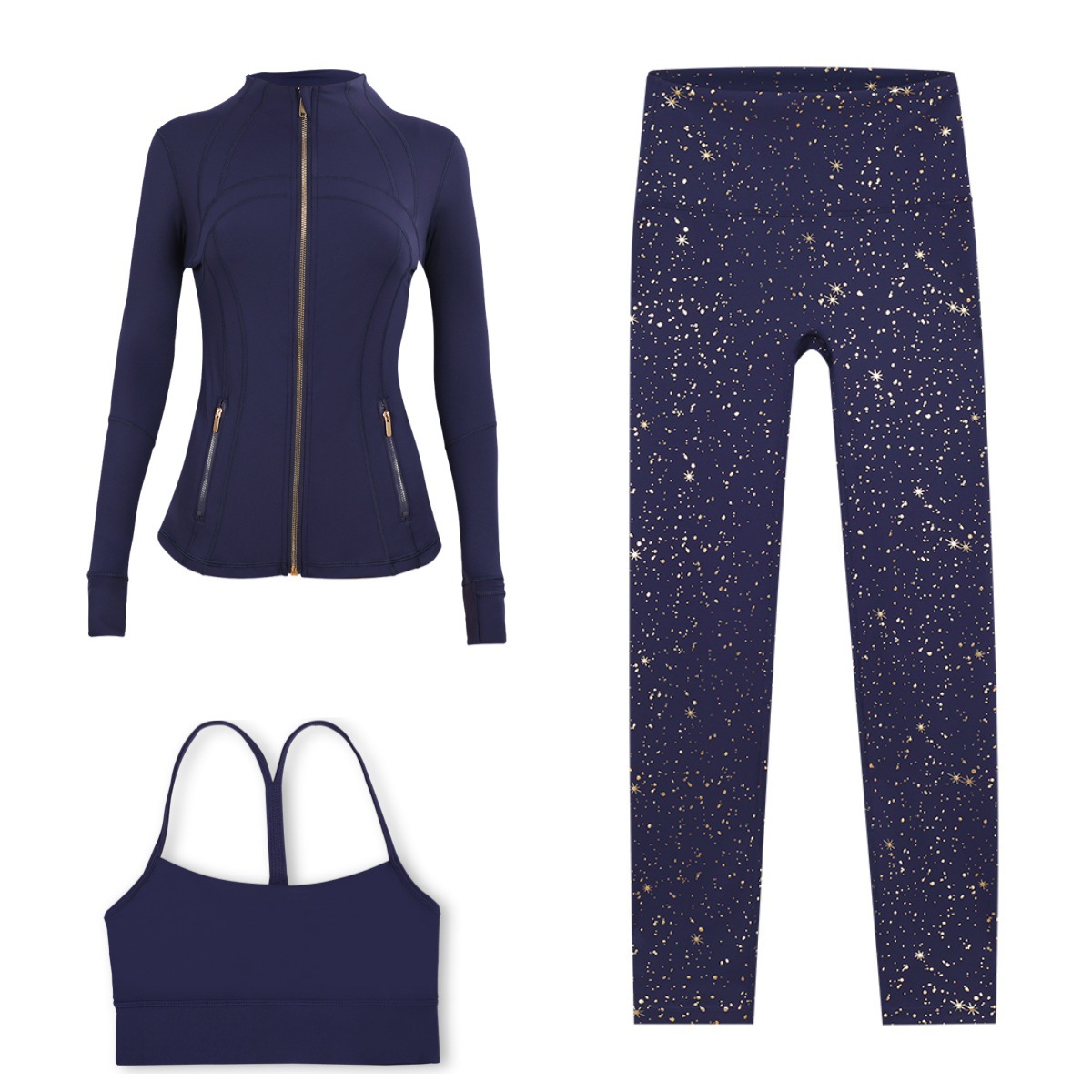 Women's Workout Set Gold Star Activewear Jacket Bra Leggings_voghion.com