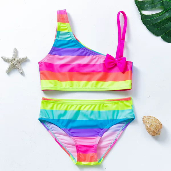 New Girls' Asymmetrical Rainbow Stripe Bikini Swimsuit Korean Style Two-Piece Bikini Swimsuit Set