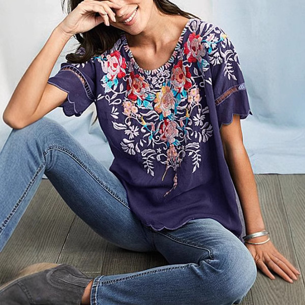 2020 Summer European and American Women's Clothing Amazon Short-Sleeved Embroidered Tops Embroidered Shirts Round Neck Shirts New Style