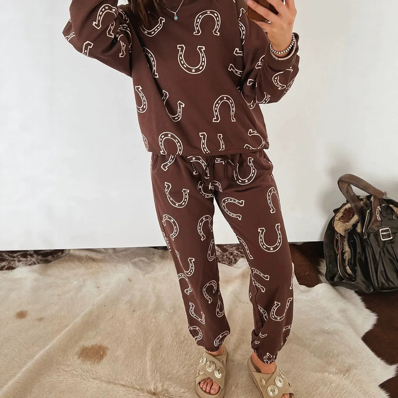 European and American trendy western print casual suit for women, 2026 autumn new loose long-sleeve two-piece set for women