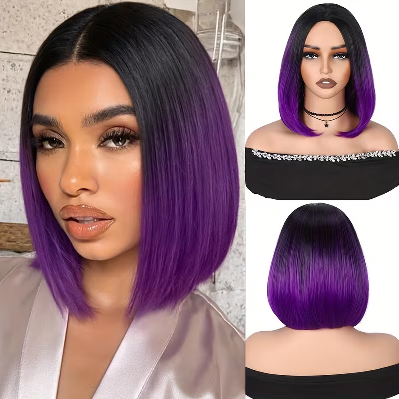 Cross-border bob wig with purple highlights, short straight hair, gradient color, center parting, and a length that reaches the collarbone; full head bob wig Cross-border bob wig with purple highlights, short straight hair, gradient color, center parting, and a length that reaches the collarbone; full head bob wig