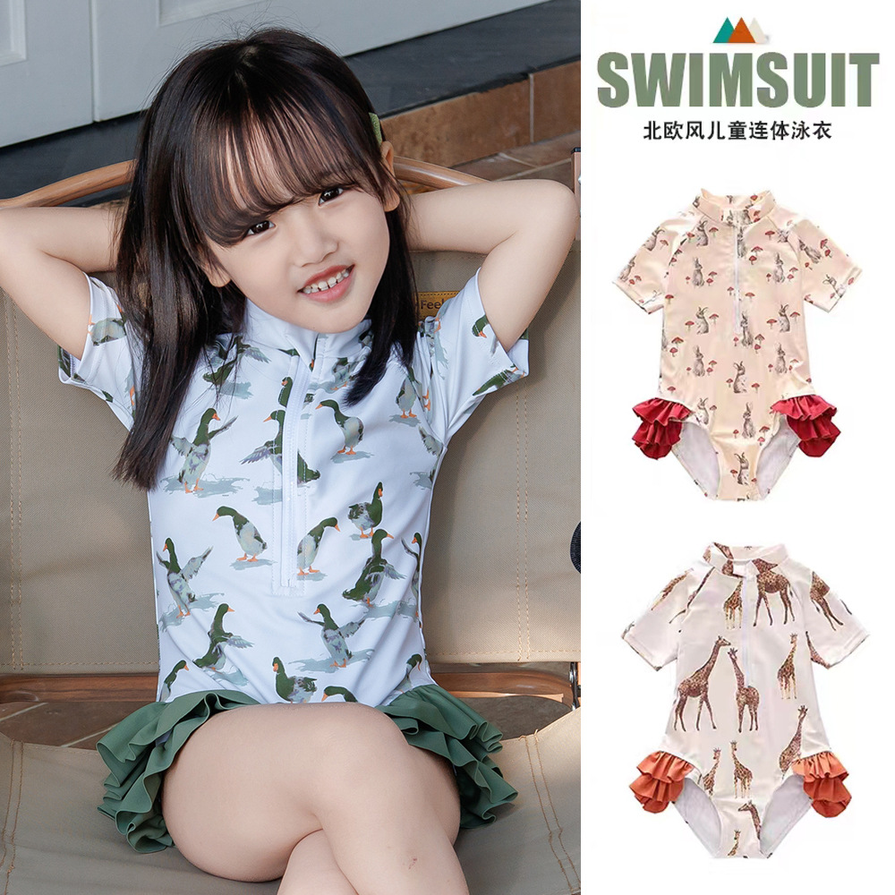 Cross-Border Girls' Cartoon Swimwear, Comfortable and Soft Printed One-Piece Swimsuit for Young Children, Triangle Quick-Drying Swimsuit with Swim Cap