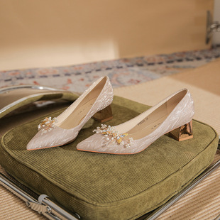550-3 High Heels Women's 2025 Spring New Crystal Wedding Shoes Easiest for Match Pointed Toe Thick Heels Removable Buckle Single Shoes