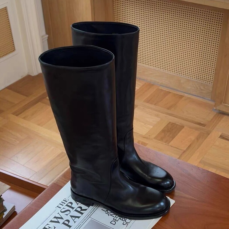 In-Stock Cowhide Version~Korean Style Round-Toe Chunky Heel Knee-High Riding Boots, New Autumn and Winter Slip-On Leather Boots, Long Boots for Women